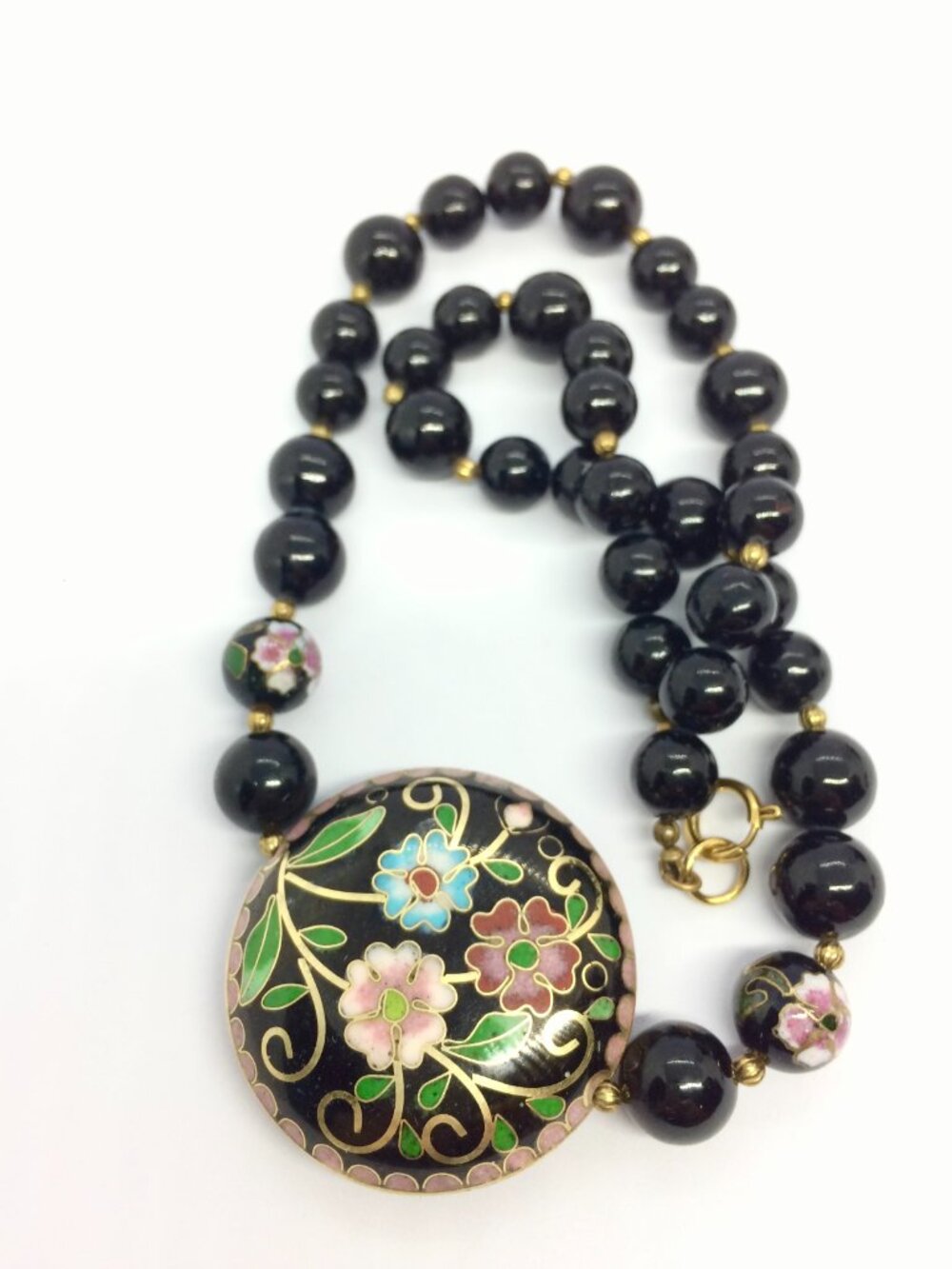 VINTAGE CLOISONNE NECKLACE Black Bead Floral Pendant Gold Tone Statement 22in - Picture 13 of 16